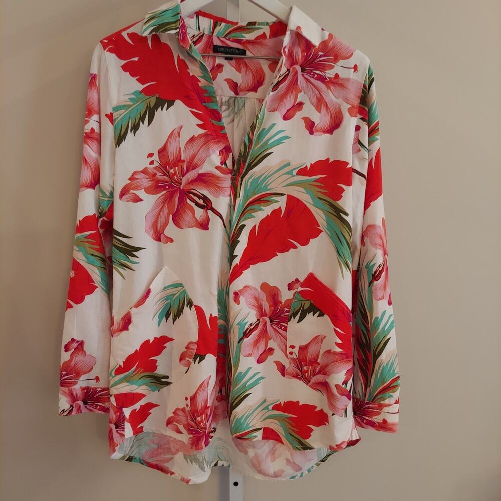 For‎ Cynthia Linen Blend Tunic Pockets Colorful Tropical Floral Beach Resort